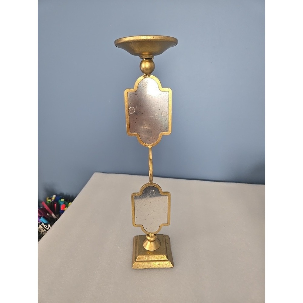 Gold Metal Pillar Candle Holder with Distressed Quatrefoil Mirrors 16.5 ch